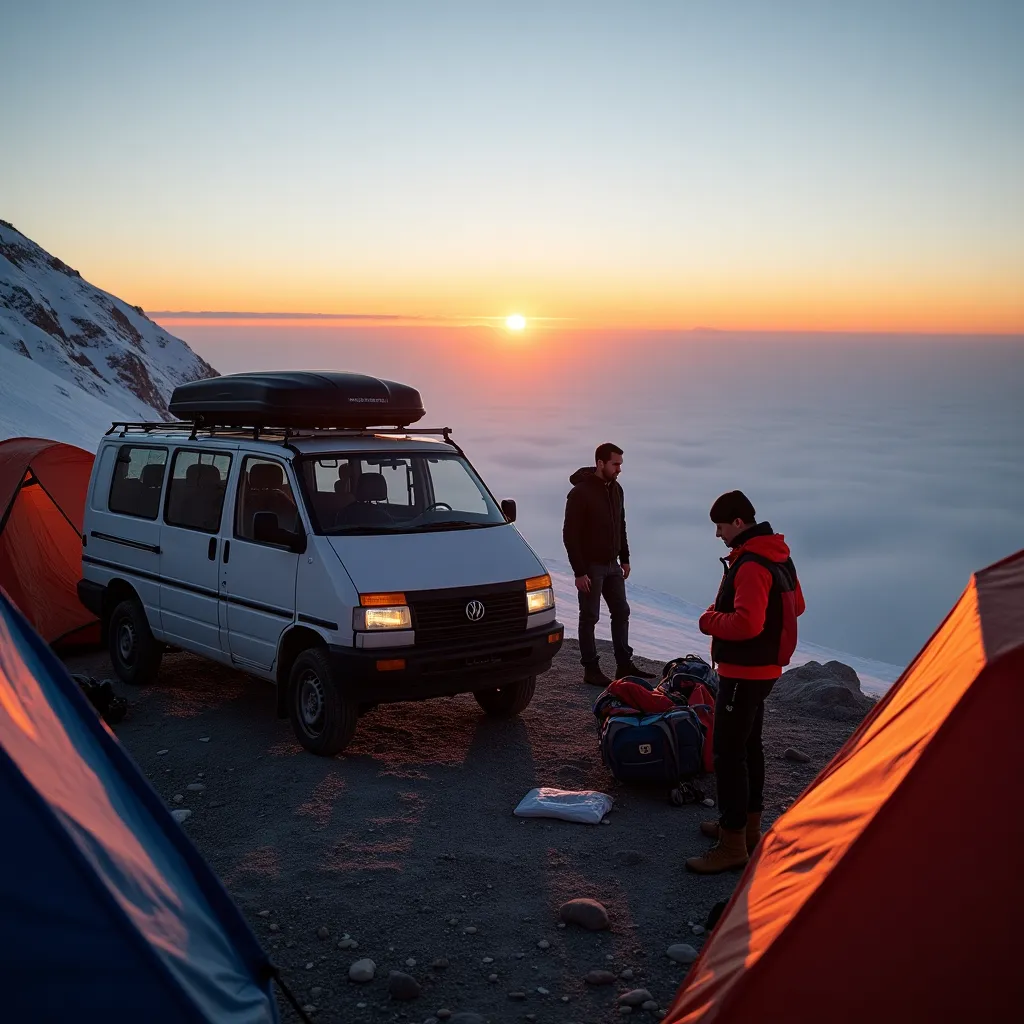Voll ausgestatteter Camper mit Blick auf die Berge.